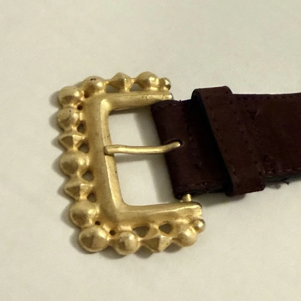 Crisca Dark Brown Leather Belt Gold Trim, Cow, Steer Horns. Made In Italy. 34 In